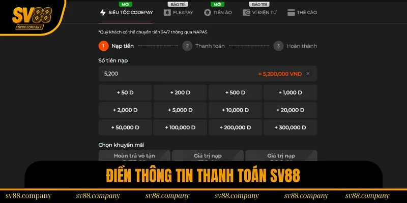 Điền thông tin thanh toán SV88 vào biểu mẫu